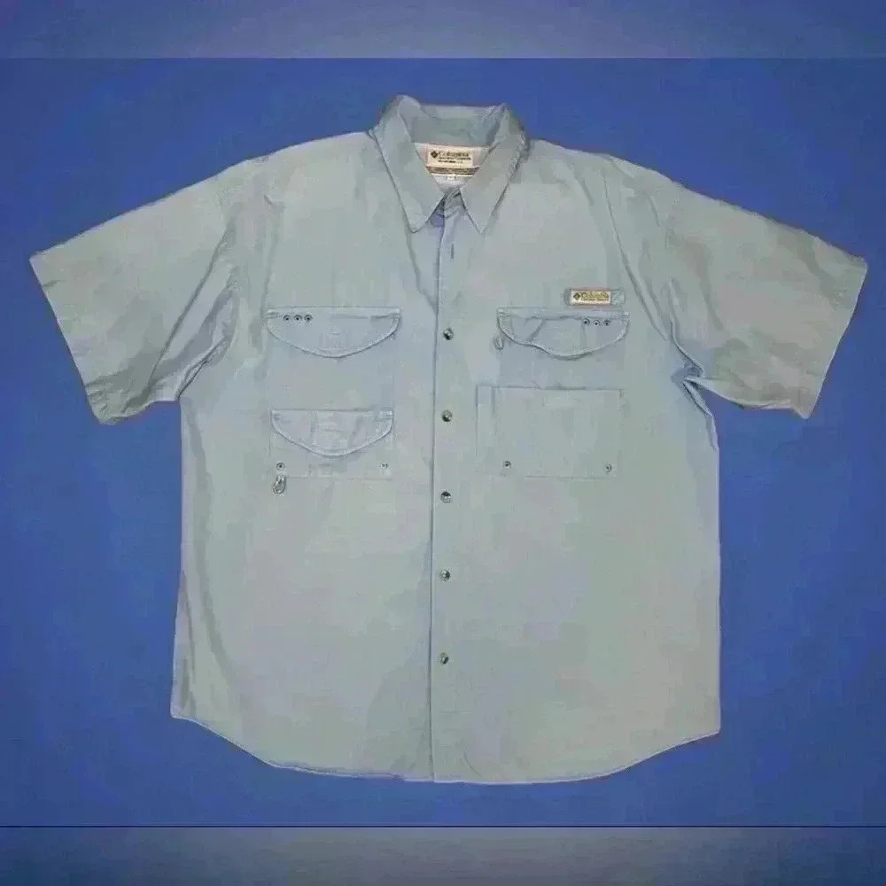Columbia PFG Light Blue Button Down Collared SS Shirt Men's Size L Large - Picture 2 of 7